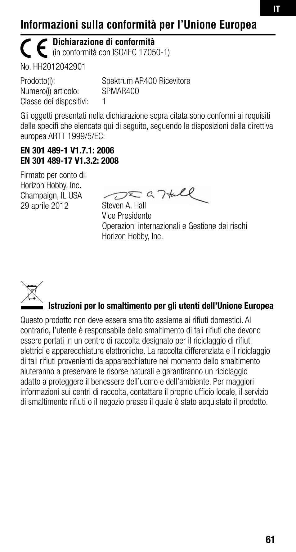 Informazioni sulla conformità per l’unione europea | Spektrum SPMAR400 User Manual | Page 61 / 64