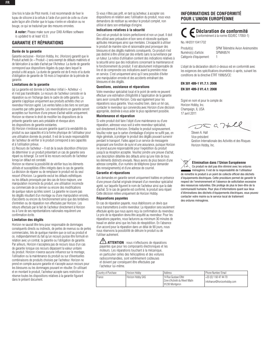 Déclaration de conformité | Spektrum SPMA9574 User Manual | Page 6 / 8