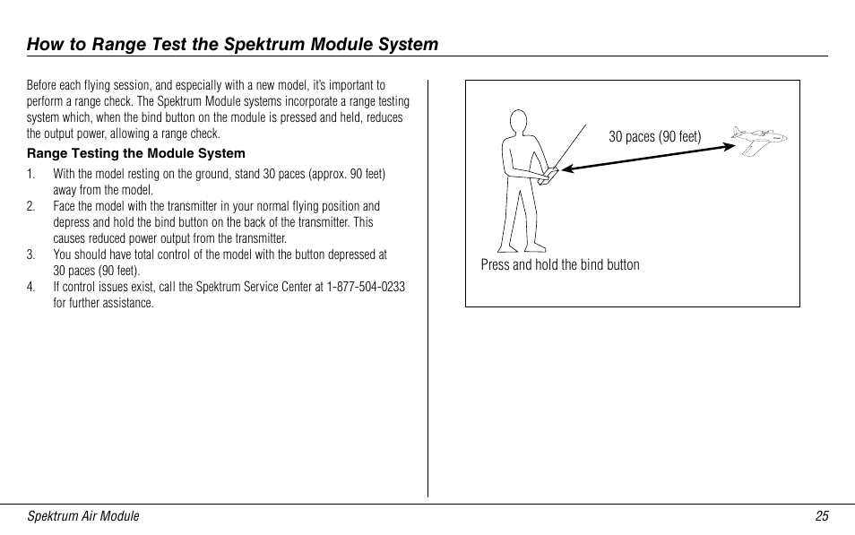 How to range test the spektrum module system, Range testing the module system | Spektrum SPMMSJR9 User Manual | Page 25 / 32