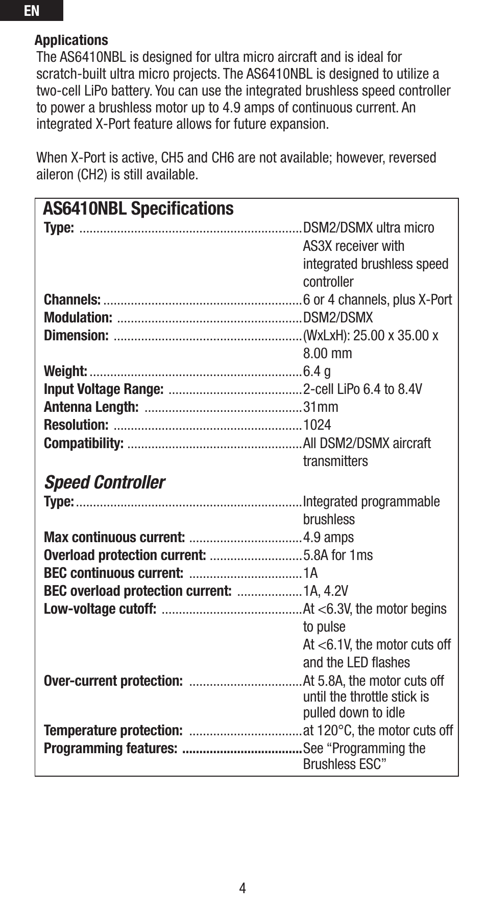 As6410nbl speciﬁ cations, Speed controller | Spektrum SPMAS6410NBL User Manual | Page 4 / 16