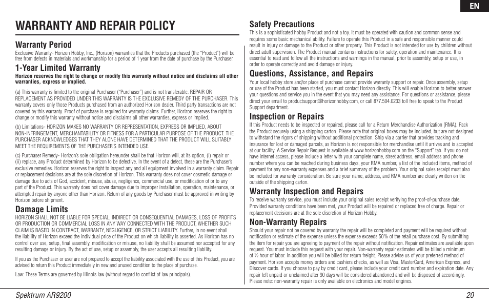 Warranty and repair policy, Warranty period, Year limited warranty | Damage limits, Safety precautions, Questions, assistance, and repairs, Inspection or repairs, Warranty inspection and repairs, Non-warranty repairs | Spektrum SPMAR9200 User Manual | Page 20 / 92