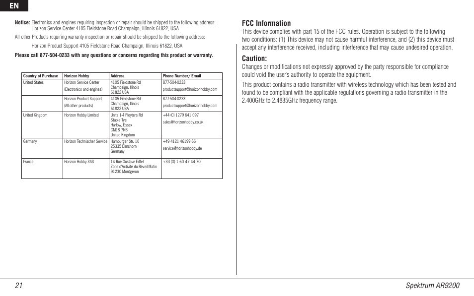 Fcc information, Caution | Spektrum SPMAR9200 User Manual | Page 21 / 92