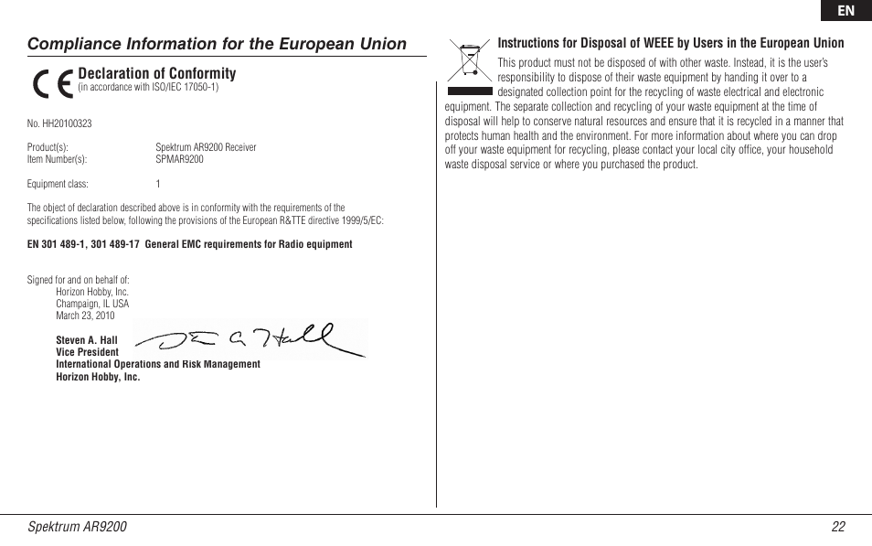 Compliance information for the european union, Declaration of conformity | Spektrum SPMAR9200 User Manual | Page 22 / 92