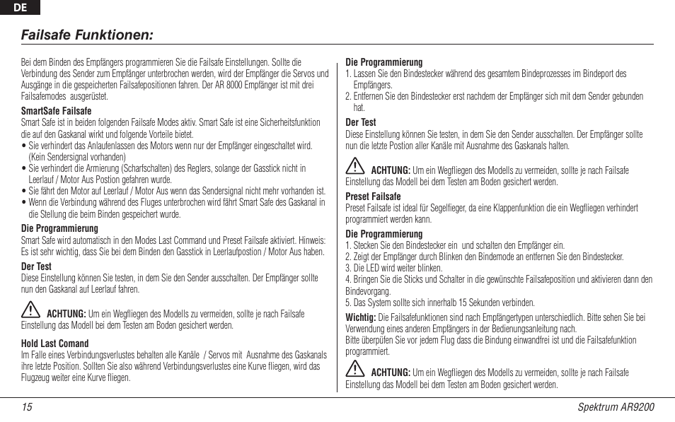 Failsafe funktionen | Spektrum SPMAR9200 User Manual | Page 37 / 92
