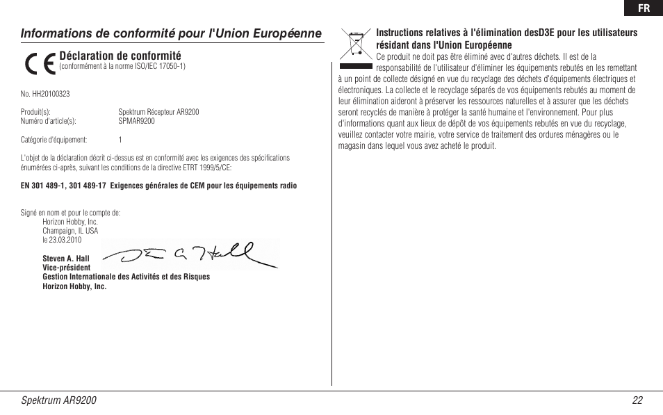 Informations de conformité pour l'union européenne, Déclaration de conformité | Spektrum SPMAR9200 User Manual | Page 68 / 92