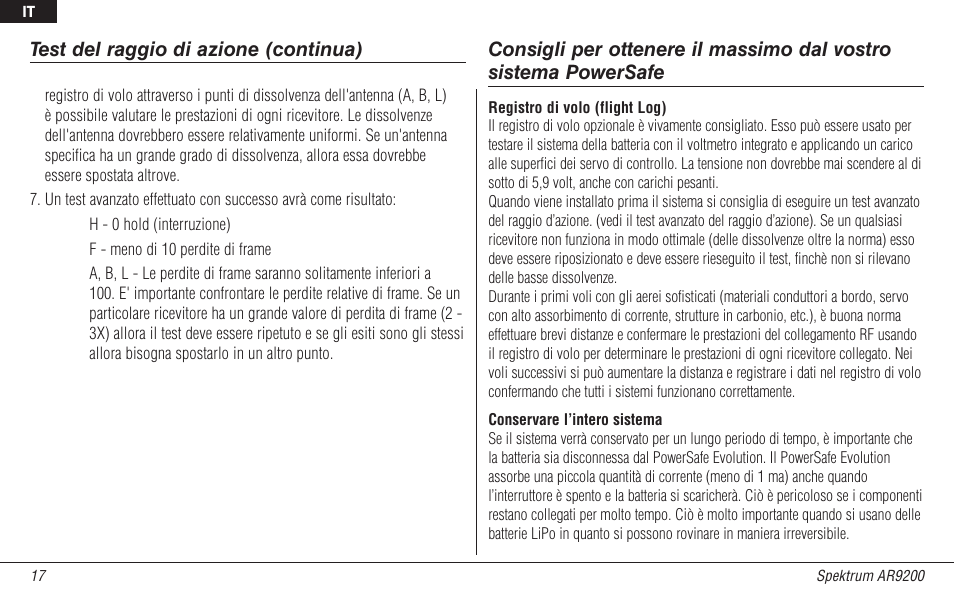 Test del raggio di azione (continua) | Spektrum SPMAR9200 User Manual | Page 85 / 92