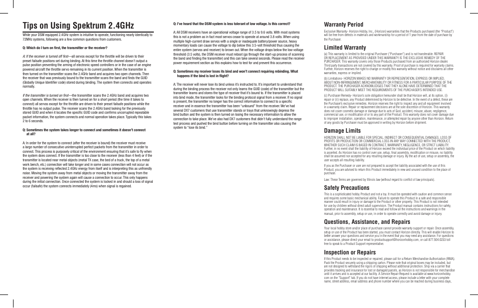Tips on using spektrum 2.4ghz, Warranty period, Limited warranty | Damage limits, Safety precautions, Questions, assistance, and repairs, Inspection or repairs | Spektrum SPMAR7600 User Manual | Page 3 / 4