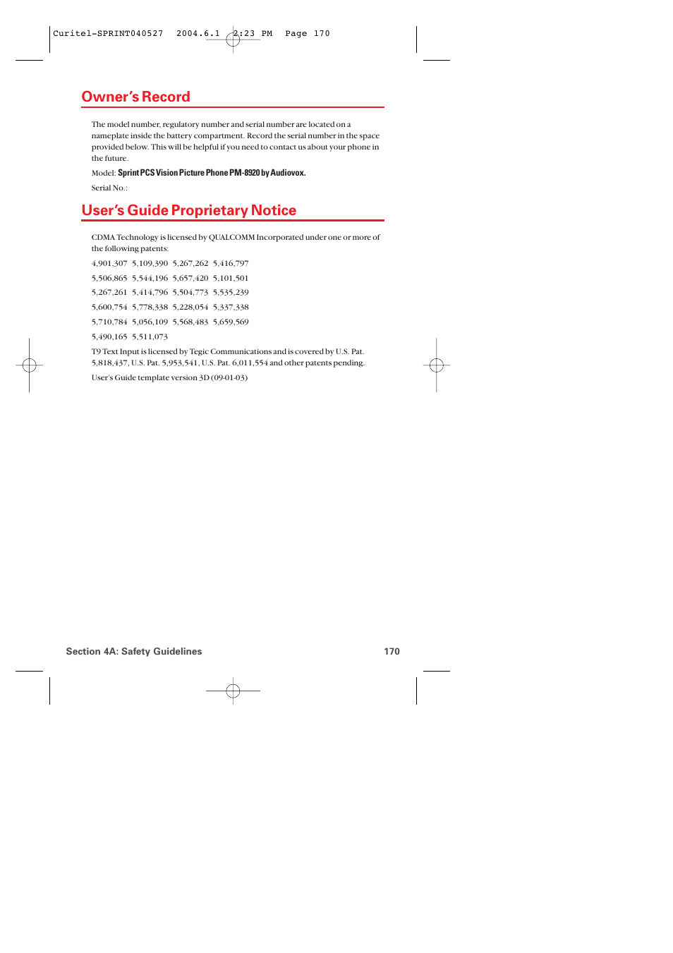 Owner’s record, User’s guide proprietary notice | Audiovox PM-8920 User Manual | Page 179 / 206