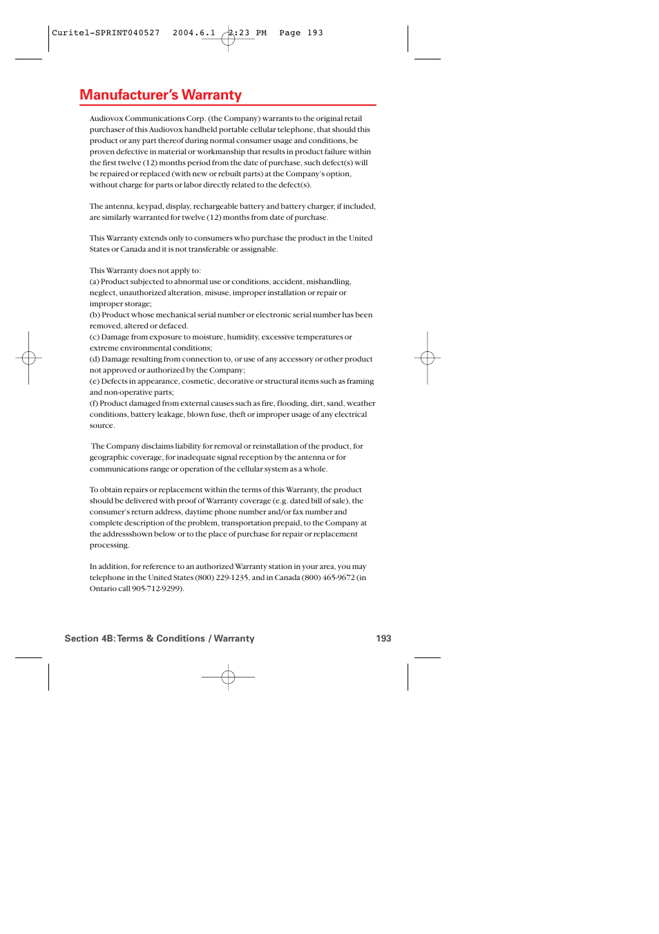 Manufacturer’s warranty | Audiovox PM-8920 User Manual | Page 202 / 206