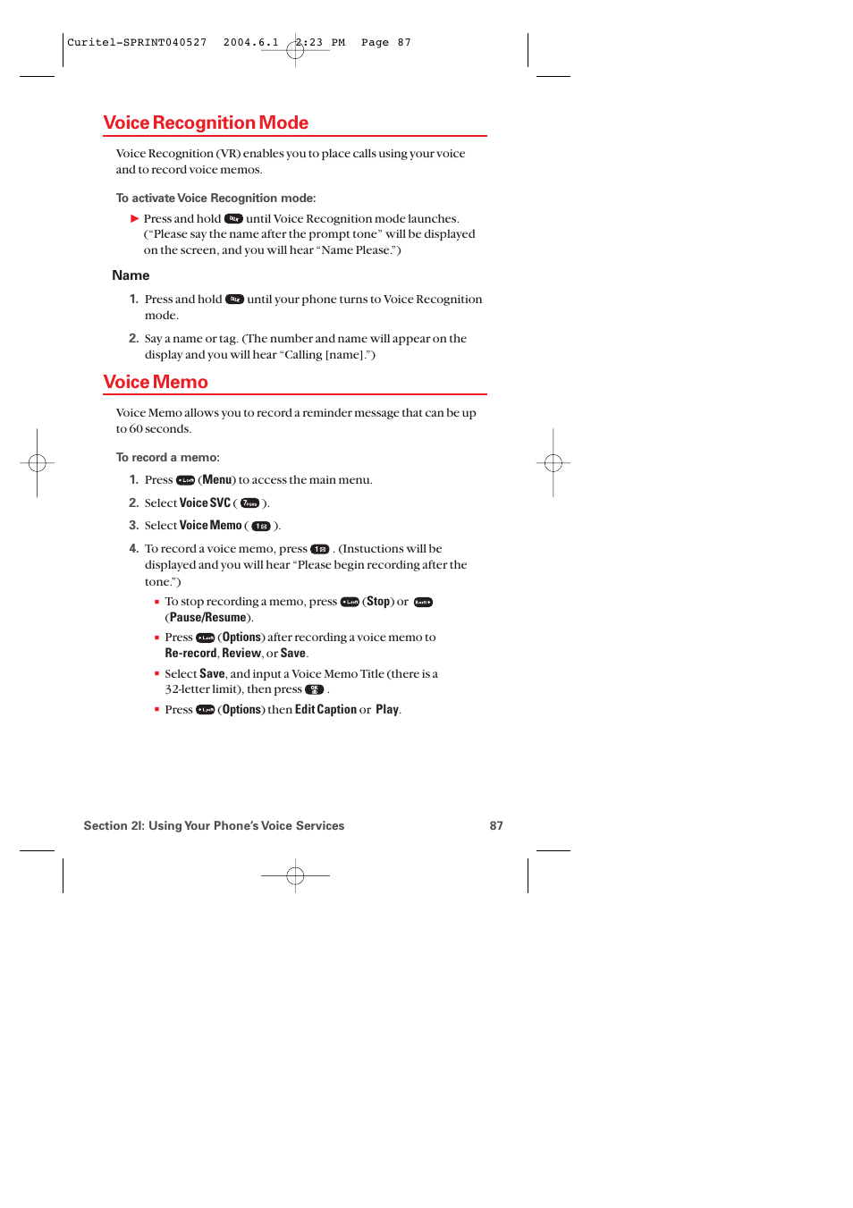 Voice recognition mode, Voice memo | Audiovox PM-8920 User Manual | Page 96 / 206