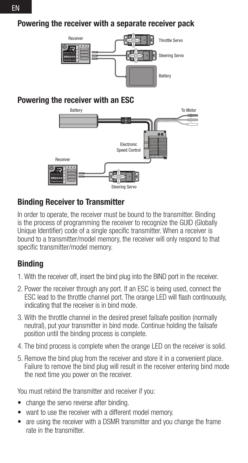 Binding receiver to transmitter, Binding, Powering the receiver with an esc | Spektrum SPMSR2000 User Manual | Page 6 / 12