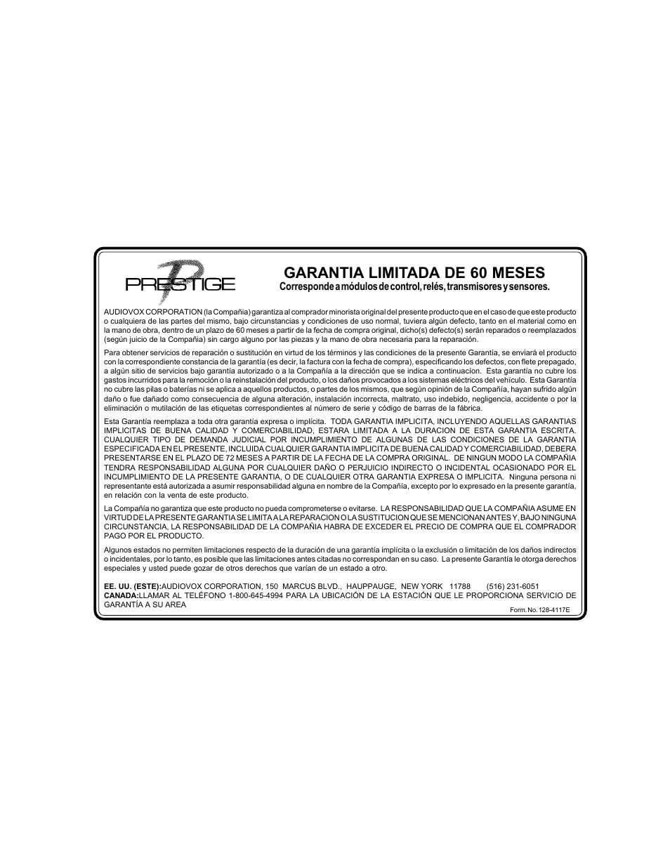 Garantia limitada de 60 meses | Audiovox Prestige 128-4117E User Manual | Page 19 / 20