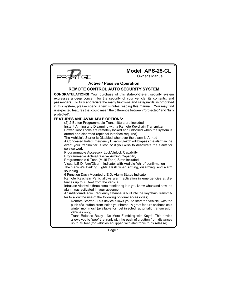 Model aps-25-cl | Audiovox Prestige 128-4117E User Manual | Page 2 / 20