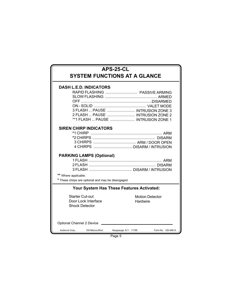 Aps-25-cl system functions at a glance | Audiovox Prestige 128-4117E User Manual | Page 6 / 20