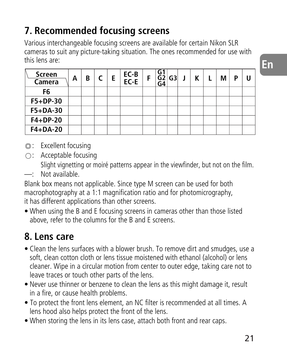 Recommended focusing screens, Lens care | Nikon 24-70mm-f-28G-ED-AF-S-Nikkor User Manual | Page 21 / 122