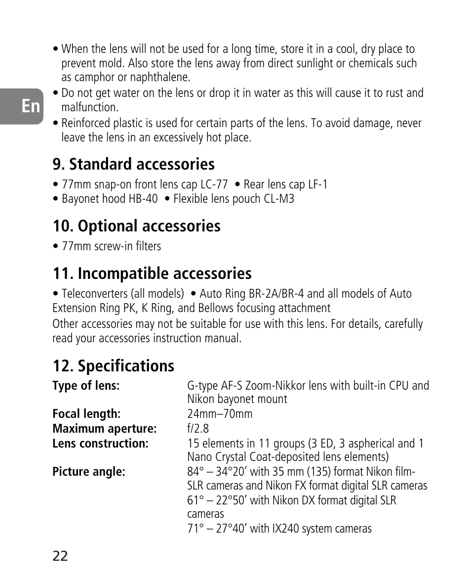 Standard accessories, Optional accessories, Incompatible accessories | Specifications | Nikon 24-70mm-f-28G-ED-AF-S-Nikkor User Manual | Page 22 / 122