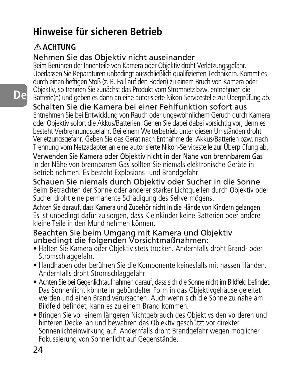 Hinweise für sicheren betrieb | Nikon 24-70mm-f-28G-ED-AF-S-Nikkor User Manual | Page 24 / 122