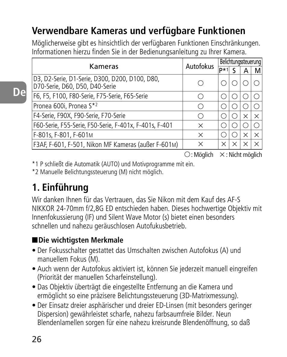Verwendbare kameras und verfügbare funktionen, Einführung | Nikon 24-70mm-f-28G-ED-AF-S-Nikkor User Manual | Page 26 / 122