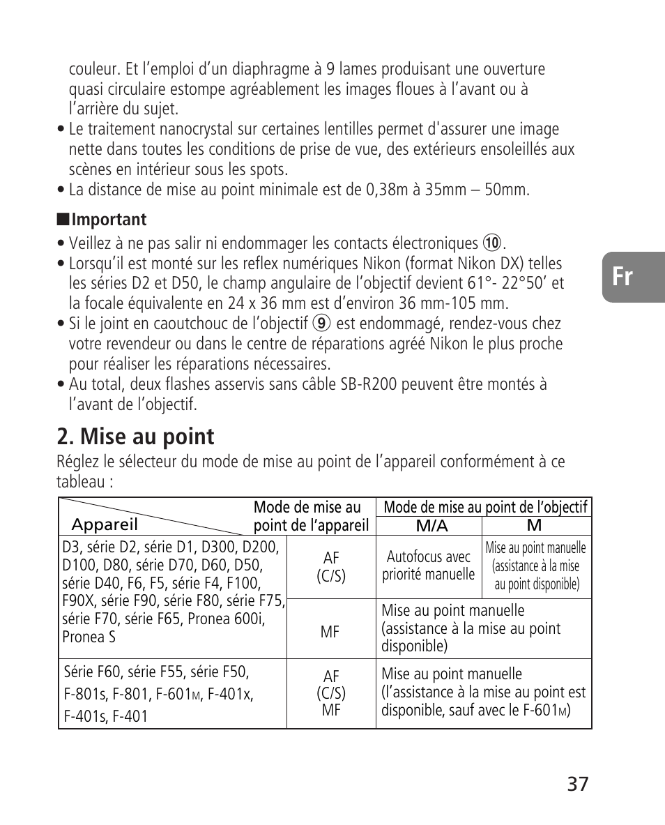 Mise au point | Nikon 24-70mm-f-28G-ED-AF-S-Nikkor User Manual | Page 37 / 122