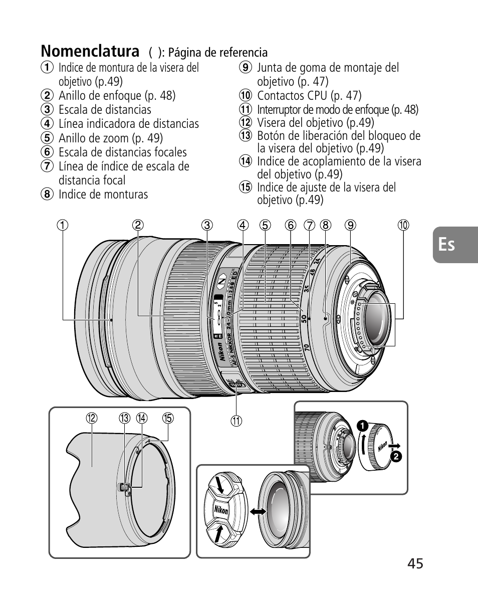 Nomenclatura | Nikon 24-70mm-f-28G-ED-AF-S-Nikkor User Manual | Page 45 / 122