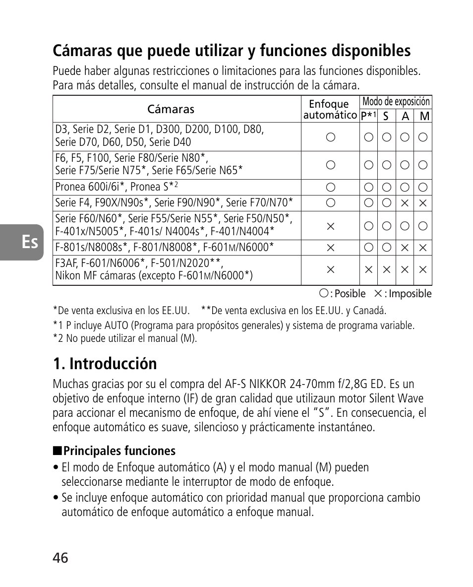 Cámaras que puede utilizar y funciones disponibles, Introducción | Nikon 24-70mm-f-28G-ED-AF-S-Nikkor User Manual | Page 46 / 122