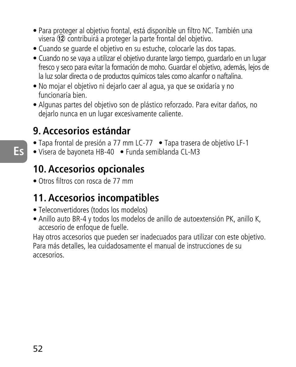 Accesorios estándar, Accesorios opcionales, Accesorios incompatibles | Nikon 24-70mm-f-28G-ED-AF-S-Nikkor User Manual | Page 52 / 122