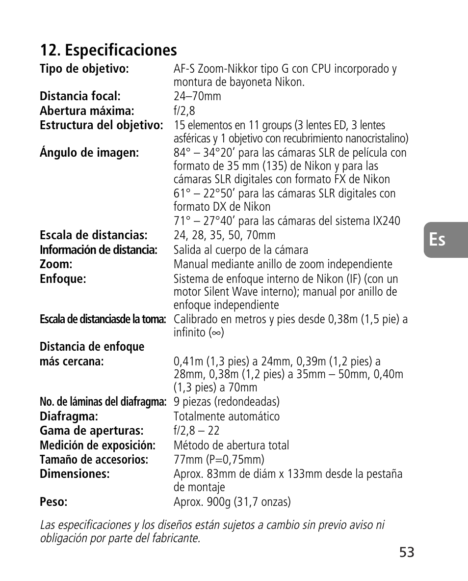Especificaciones | Nikon 24-70mm-f-28G-ED-AF-S-Nikkor User Manual | Page 53 / 122