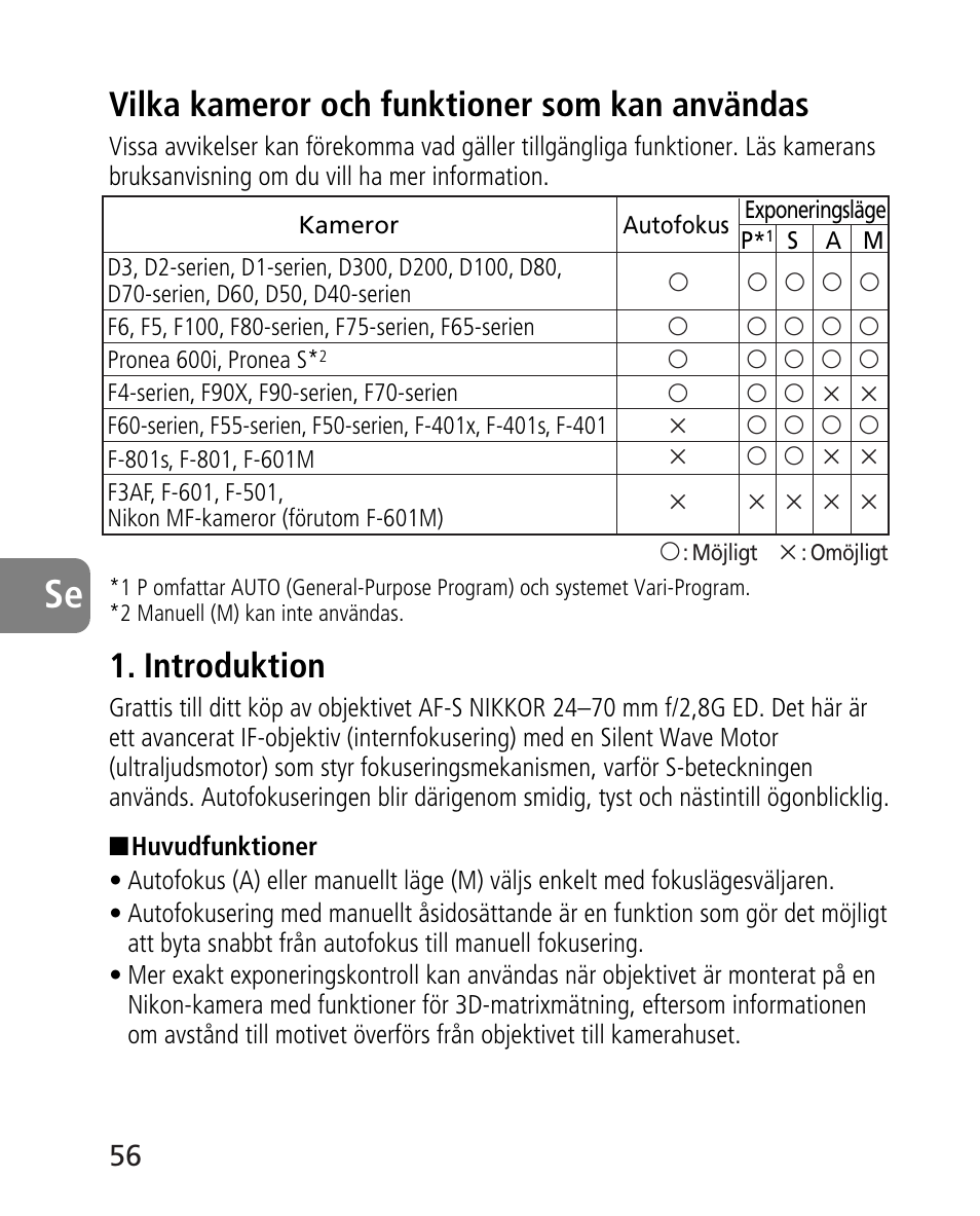 Vilka kameror och funktioner som kan användas, Introduktion | Nikon 24-70mm-f-28G-ED-AF-S-Nikkor User Manual | Page 56 / 122
