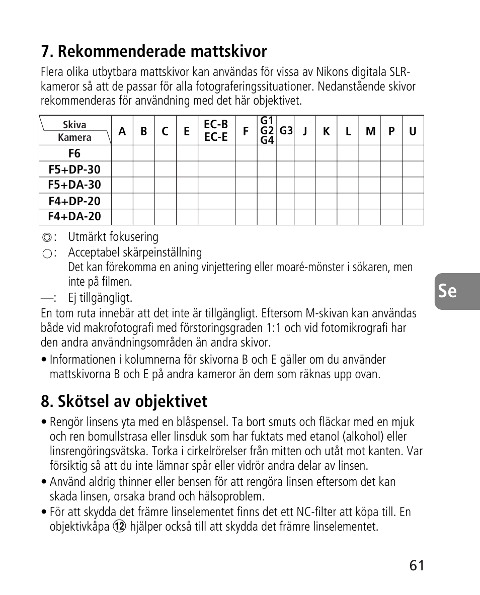 Rekommenderade mattskivor, Skötsel av objektivet | Nikon 24-70mm-f-28G-ED-AF-S-Nikkor User Manual | Page 61 / 122
