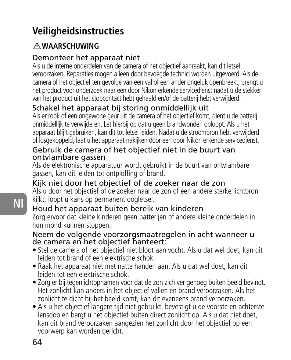 Veiligheidsinstructies | Nikon 24-70mm-f-28G-ED-AF-S-Nikkor User Manual | Page 64 / 122