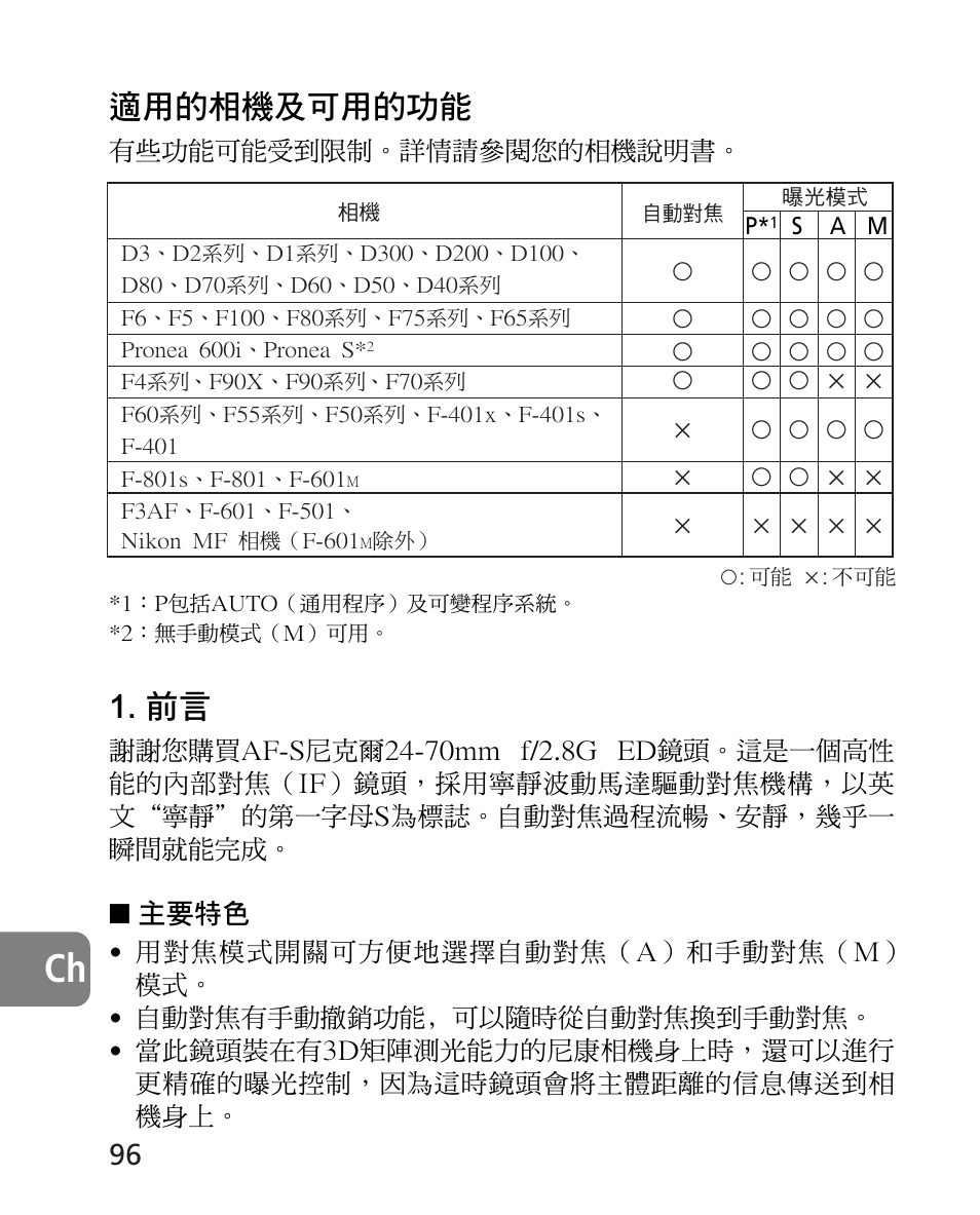 適用的相機及可用的功能 | Nikon 24-70mm-f-28G-ED-AF-S-Nikkor User Manual | Page 96 / 122