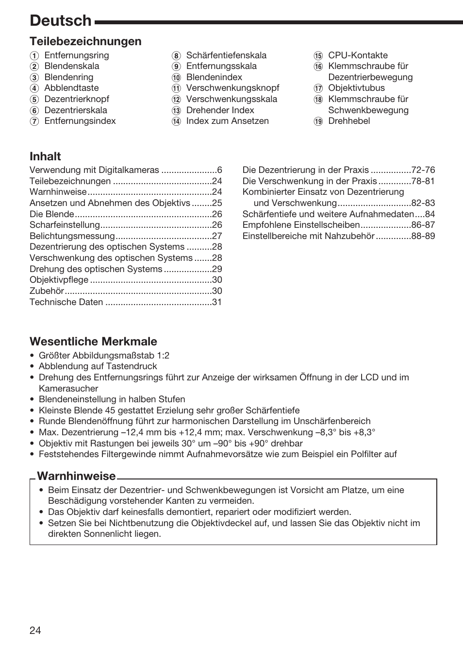 Deutsch, Teilebezeichnungen, Inhalt | Wesentliche merkmale, Warnhinweise | Nikon 85mm-f-28D-PC-Micro-Nikkor User Manual | Page 20 / 70