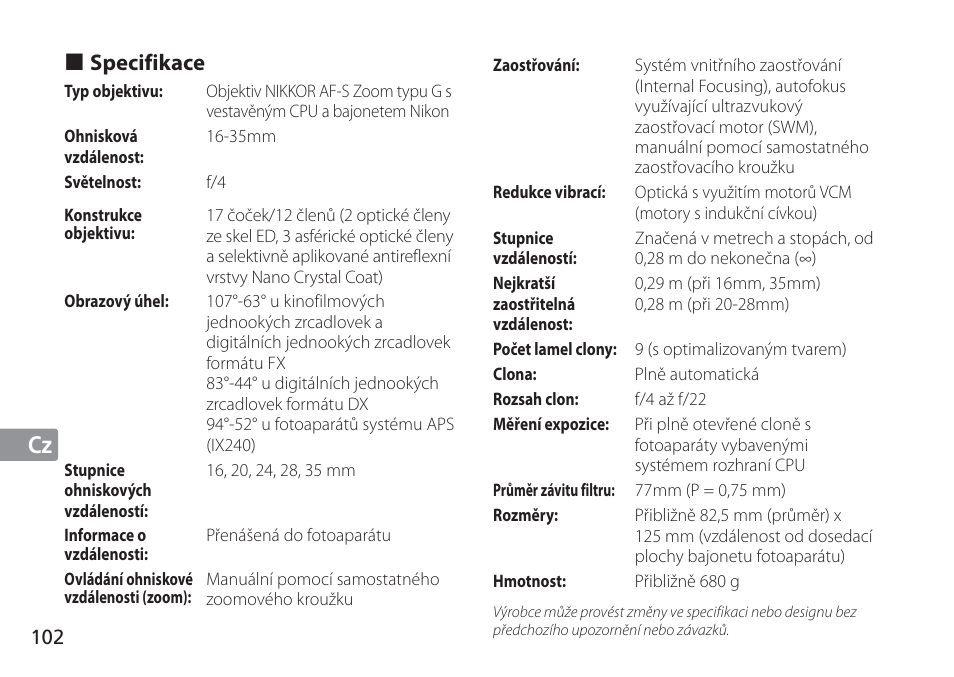 Jp en de fr es se ru nl it cz sk ck ch kr | Nikon 16-35mm-f-4G-AF-S-VR-Zoom-Nikkor User Manual | Page 102 / 152