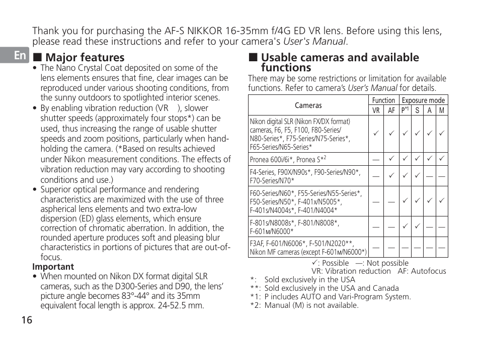 Jp en de fr es se ru nl it cz sk ck ch kr, Usable cameras and available functions, Major features | Nikon 16-35mm-f-4G-AF-S-VR-Zoom-Nikkor User Manual | Page 16 / 152