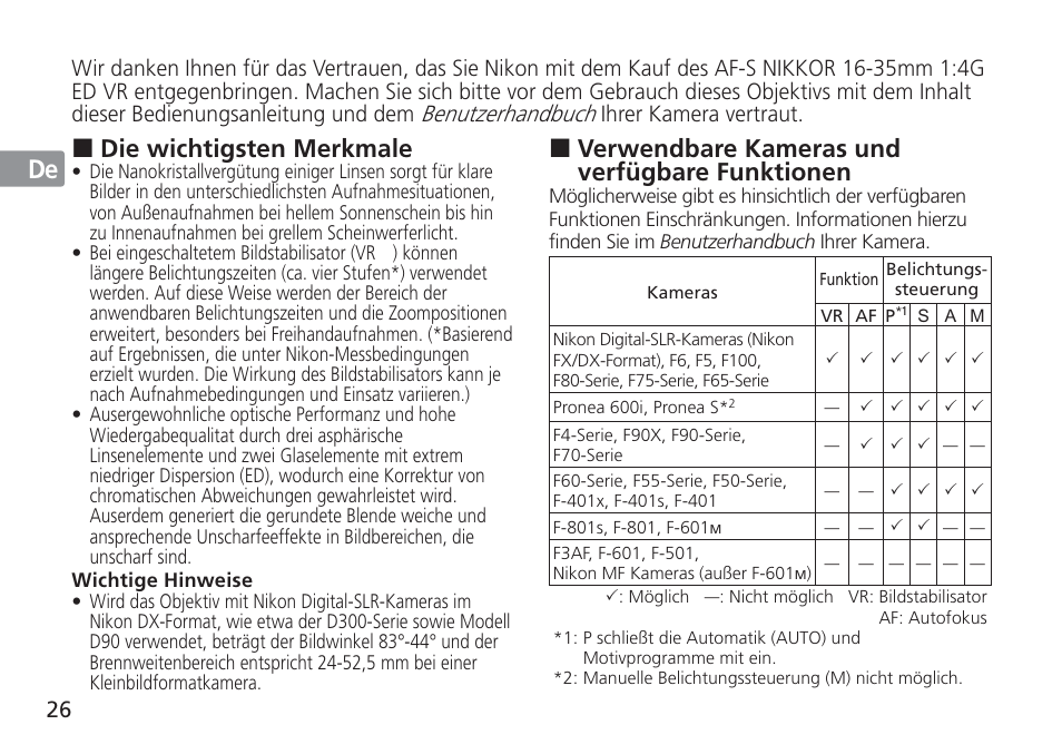 Jp en de fr es se ru nl it cz sk ck ch kr, Verwendbare kameras und verfügbare funktionen, Die wichtigsten merkmale | Nikon 16-35mm-f-4G-AF-S-VR-Zoom-Nikkor User Manual | Page 26 / 152