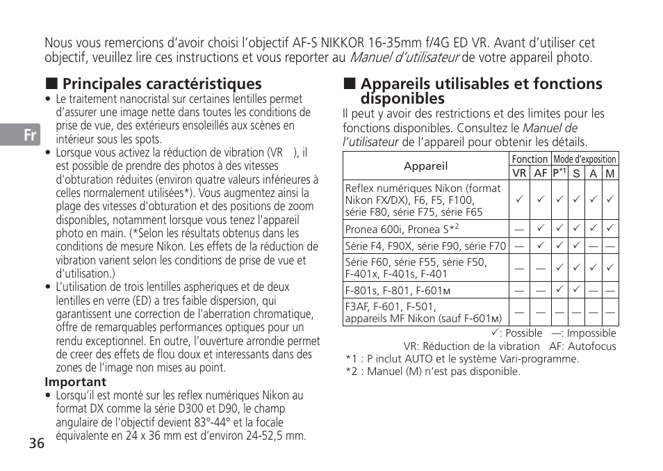 Jp en de fr es se ru nl it cz sk ck ch kr, Appareils utilisables et fonctions disponibles, Principales caractéristiques | Nikon 16-35mm-f-4G-AF-S-VR-Zoom-Nikkor User Manual | Page 36 / 152