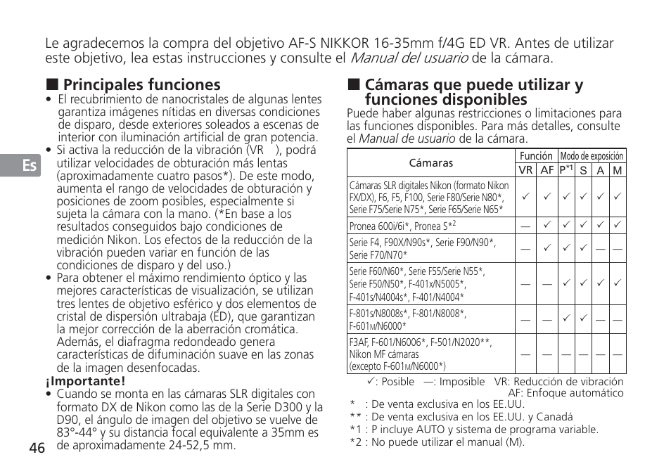 Jp en de fr es se ru nl it cz sk ck ch kr, Cámaras que puede utilizar y funciones disponibles, Principales funciones | Nikon 16-35mm-f-4G-AF-S-VR-Zoom-Nikkor User Manual | Page 46 / 152