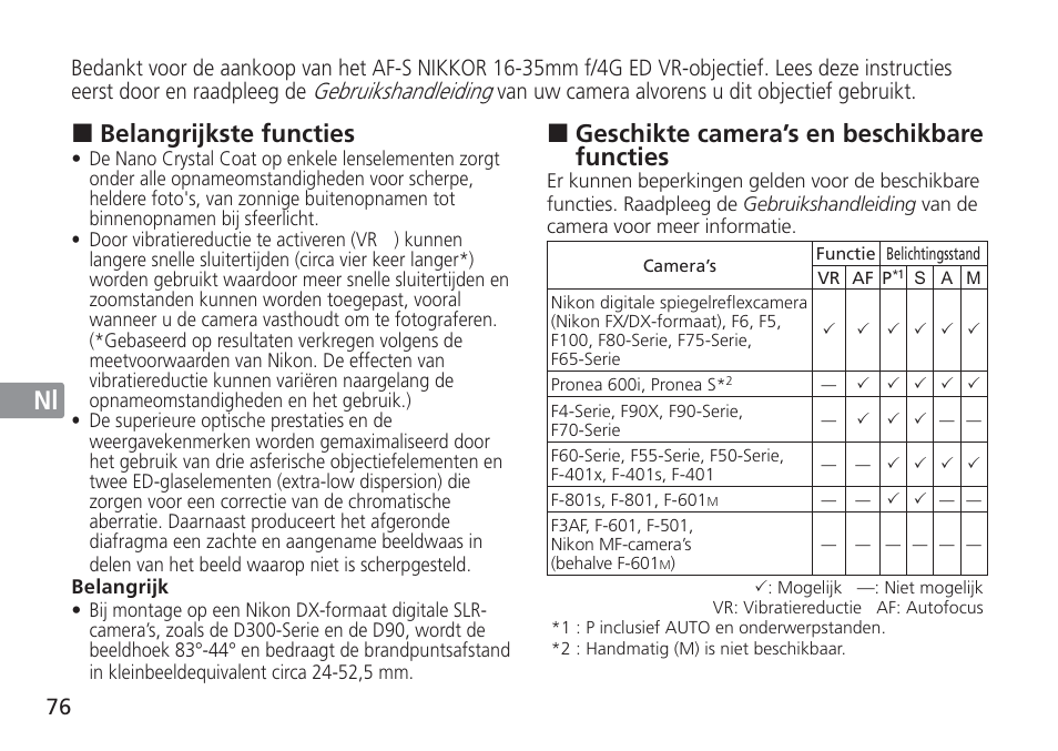 Jp en de fr es se ru nl it cz sk ck ch kr, Geschikte camera’s en beschikbare functies, Belangrijkste functies | Nikon 16-35mm-f-4G-AF-S-VR-Zoom-Nikkor User Manual | Page 76 / 152