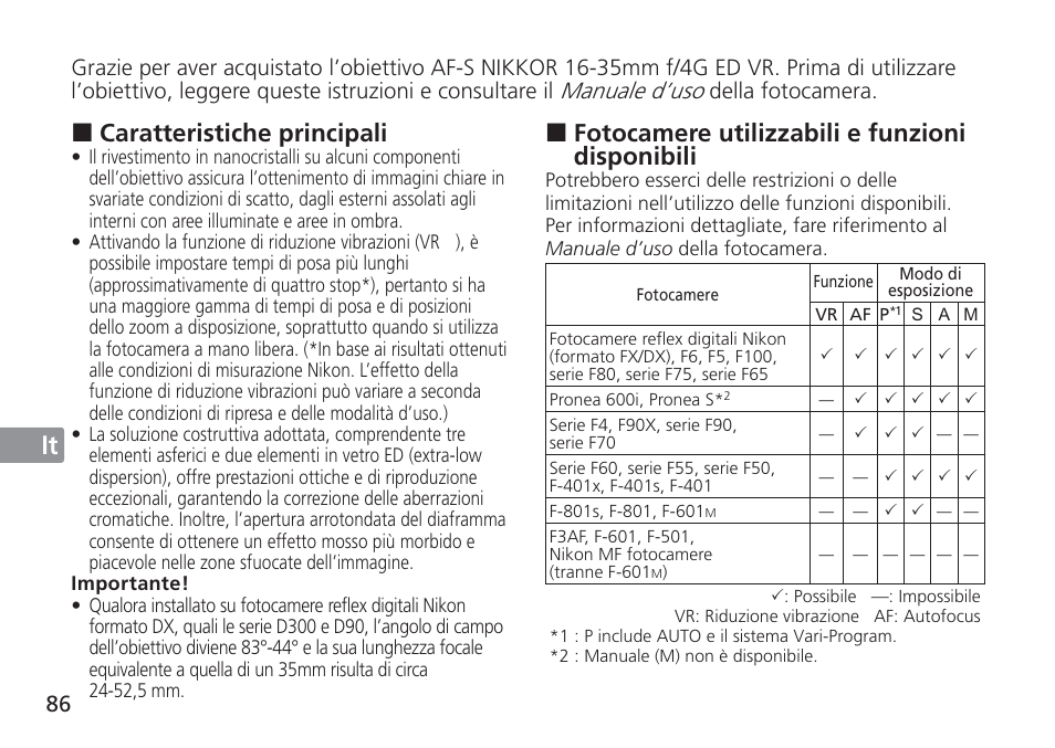 Jp en de fr es se ru nl it cz sk ck ch kr, Fotocamere utilizzabili e funzioni disponibili, Caratteristiche principali | Nikon 16-35mm-f-4G-AF-S-VR-Zoom-Nikkor User Manual | Page 86 / 152