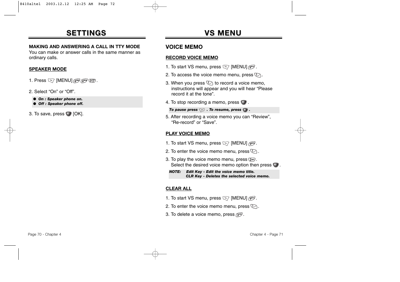 Vs menu, Settings | Audiovox CDM 8410 User Manual | Page 38 / 78