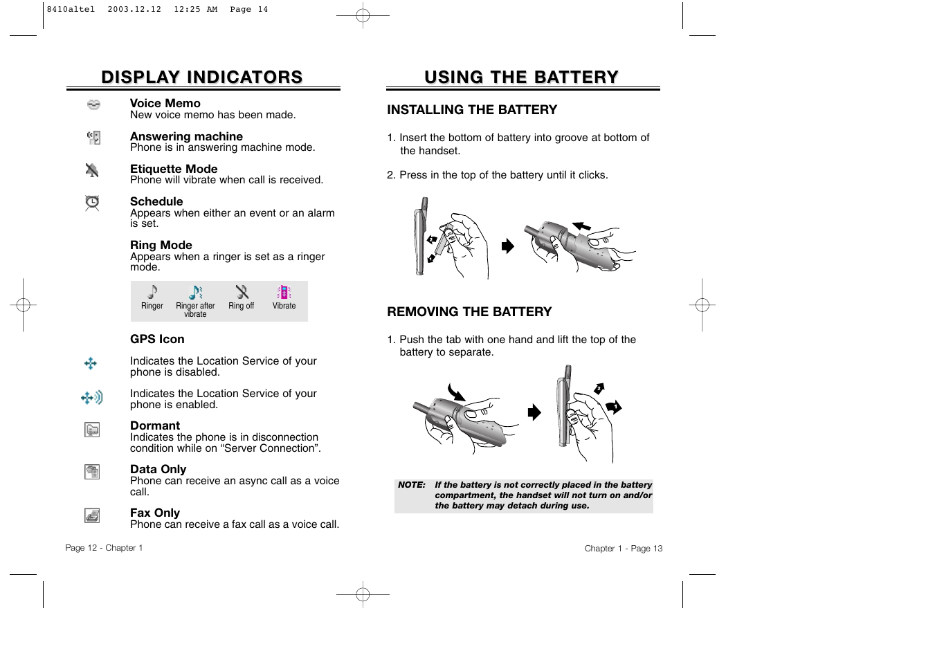 Using the ba, Using the ba tter tter y y, Displa | Displa y indica y indica tors tors | Audiovox CDM 8410 User Manual | Page 9 / 78