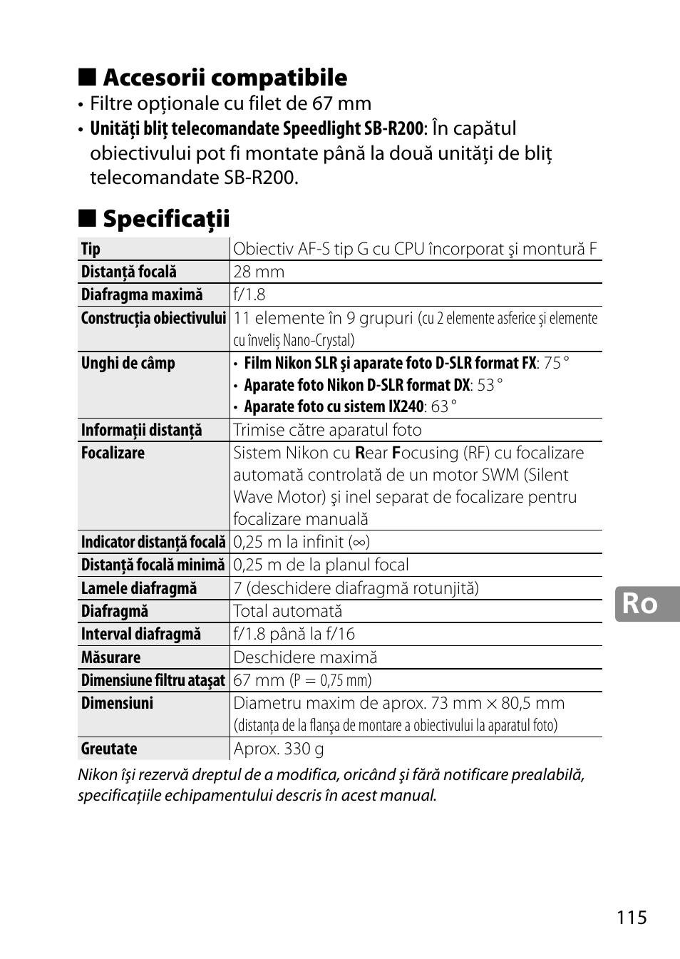 Accesorii compatibile, Specificaţii | Nikon 28mm-f-18G-AF-S-Nikkor User Manual | Page 115 / 176