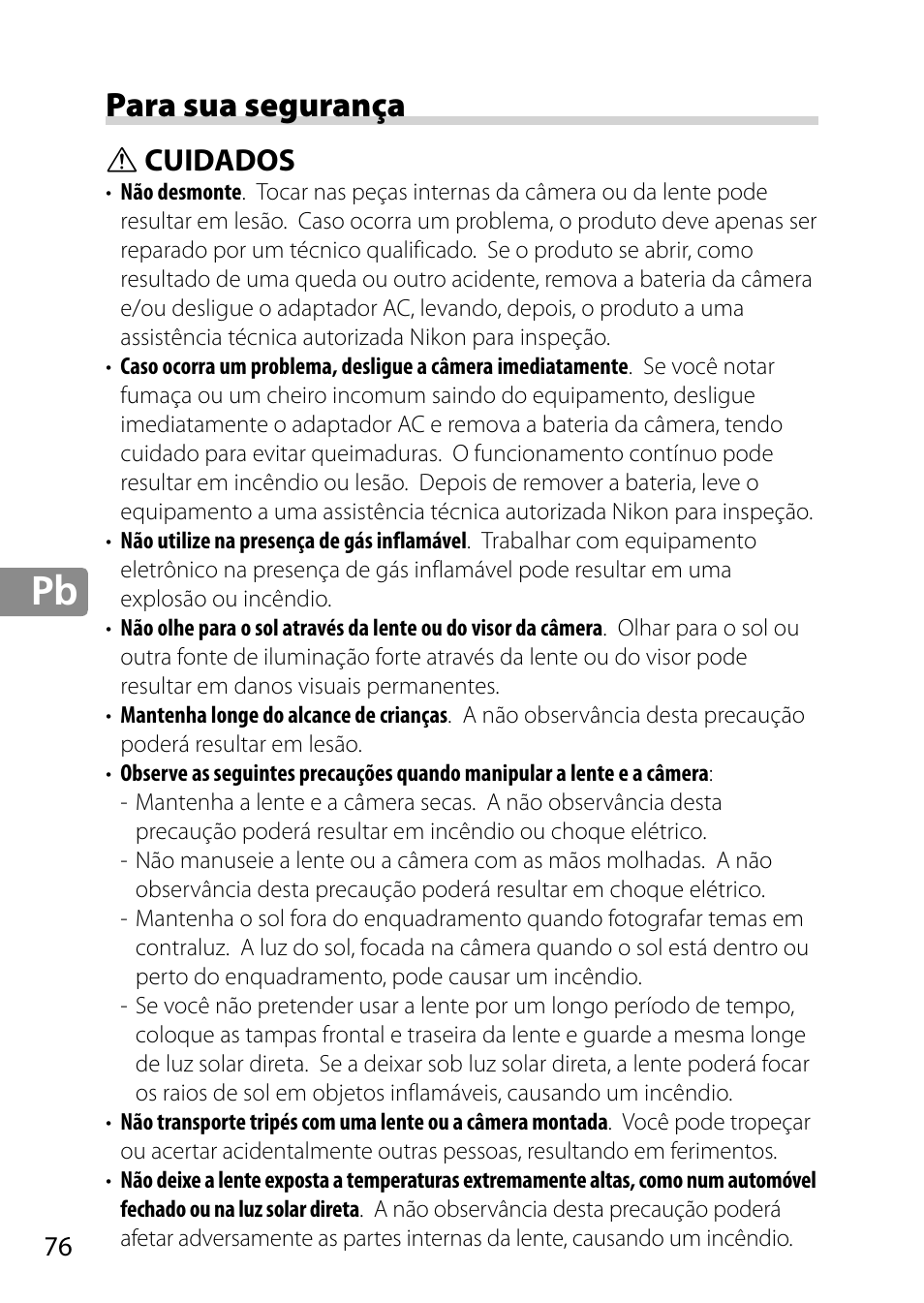 Para sua segurança, Cuidados | Nikon 28mm-f-18G-AF-S-Nikkor User Manual | Page 76 / 176