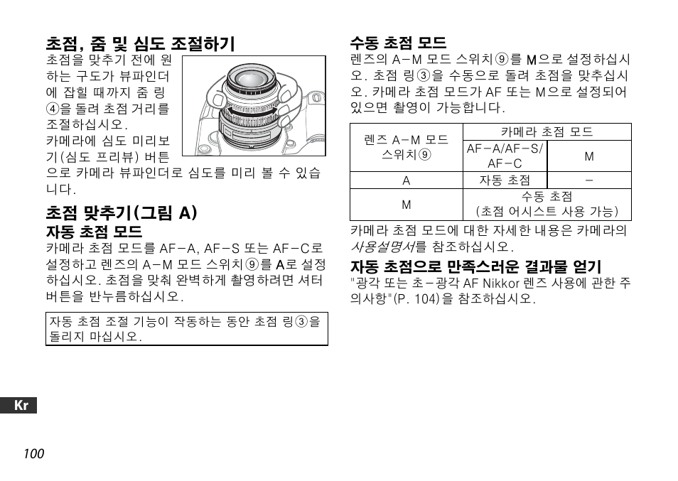 초점, 줌 및 심도 조절하기, 초점 맞추기(그림 a), 자동 초점 모드 | 수동 초점 모드, 자동 초점으로 만족스러운 결과물 얻기, P. 100) | Nikon 18-55mm-f-35-56G-AF-S-DX-VR-Zoom-Nikko User Manual | Page 100 / 108