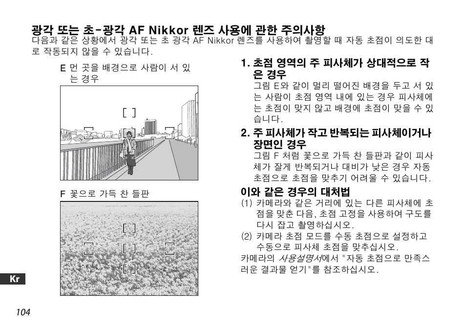 광각 또는 초-광각 af nikkor 렌즈 사용에 관한 주의사항, 초점 영역의 주 피사체가 상대적으로 작은 경우, 주 피사체가 작고 반복되는 피사체이거나장면인 경우 | 이와 같은 경우의 대처법 | Nikon 18-55mm-f-35-56G-AF-S-DX-VR-Zoom-Nikko User Manual | Page 104 / 108