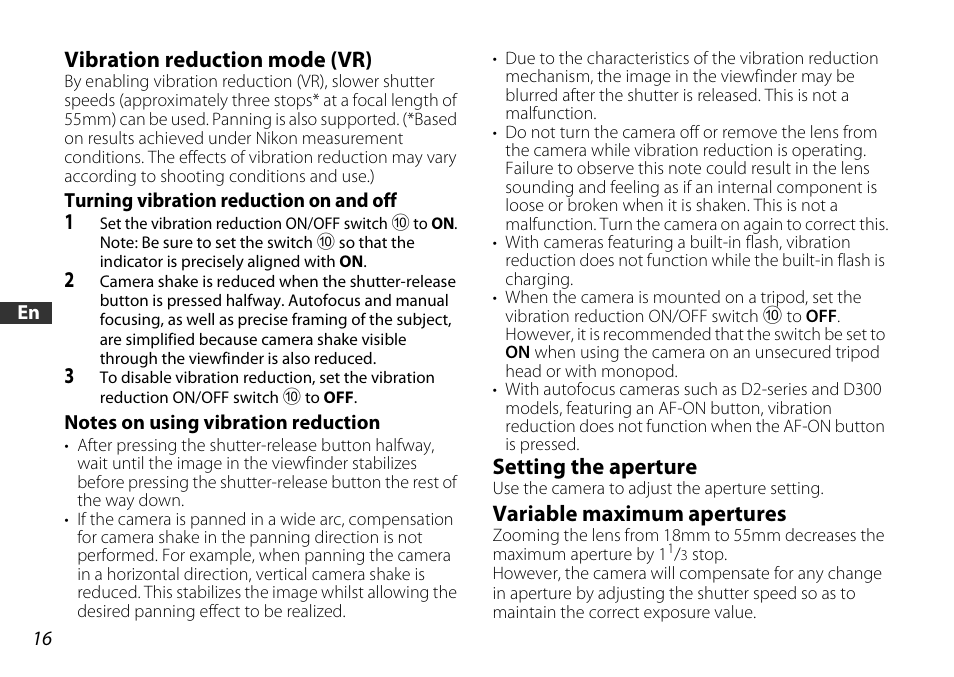 Vibration reduction mode (vr), Turning vibration reduction on and off, Notes on using vibration reduction | Setting the aperture, Variable maximum apertures, Switch (p. 16) | Nikon 18-55mm-f-35-56G-AF-S-DX-VR-Zoom-Nikko User Manual | Page 16 / 108