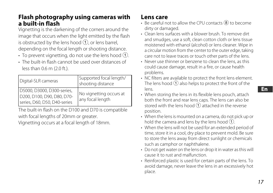 Lens care, Ts (p. 17) | Nikon 18-55mm-f-35-56G-AF-S-DX-VR-Zoom-Nikko User Manual | Page 17 / 108