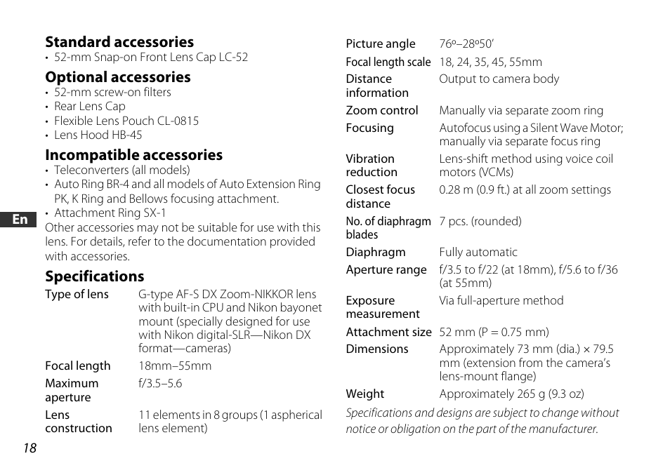 Standard accessories, Optional accessories, Incompatible accessories | Specifications | Nikon 18-55mm-f-35-56G-AF-S-DX-VR-Zoom-Nikko User Manual | Page 18 / 108