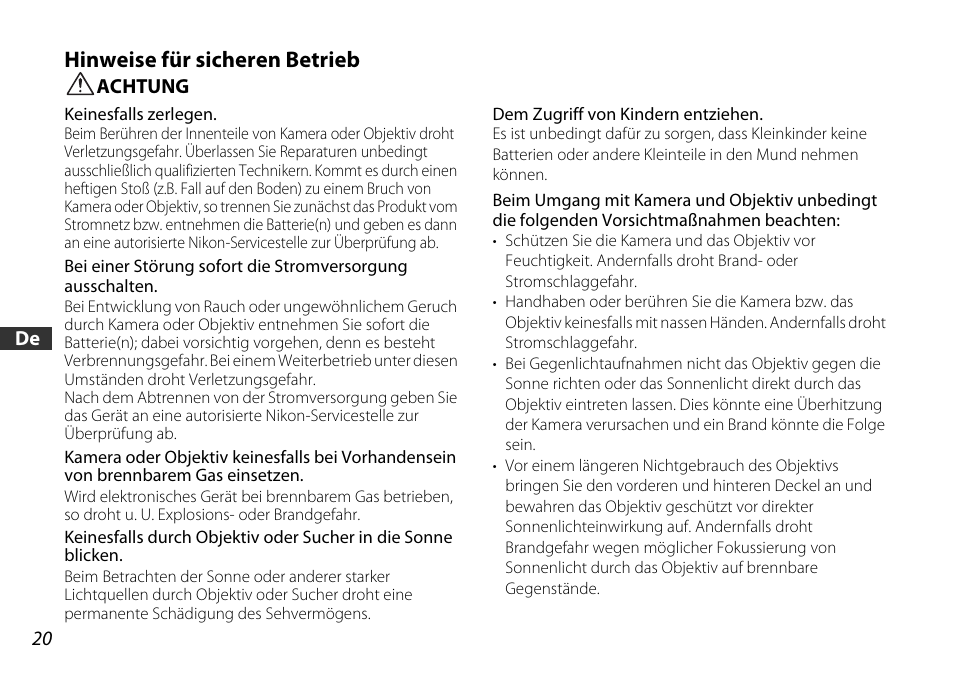 Hinweise für sicheren betrieb, Achtung | Nikon 18-55mm-f-35-56G-AF-S-DX-VR-Zoom-Nikko User Manual | Page 20 / 108