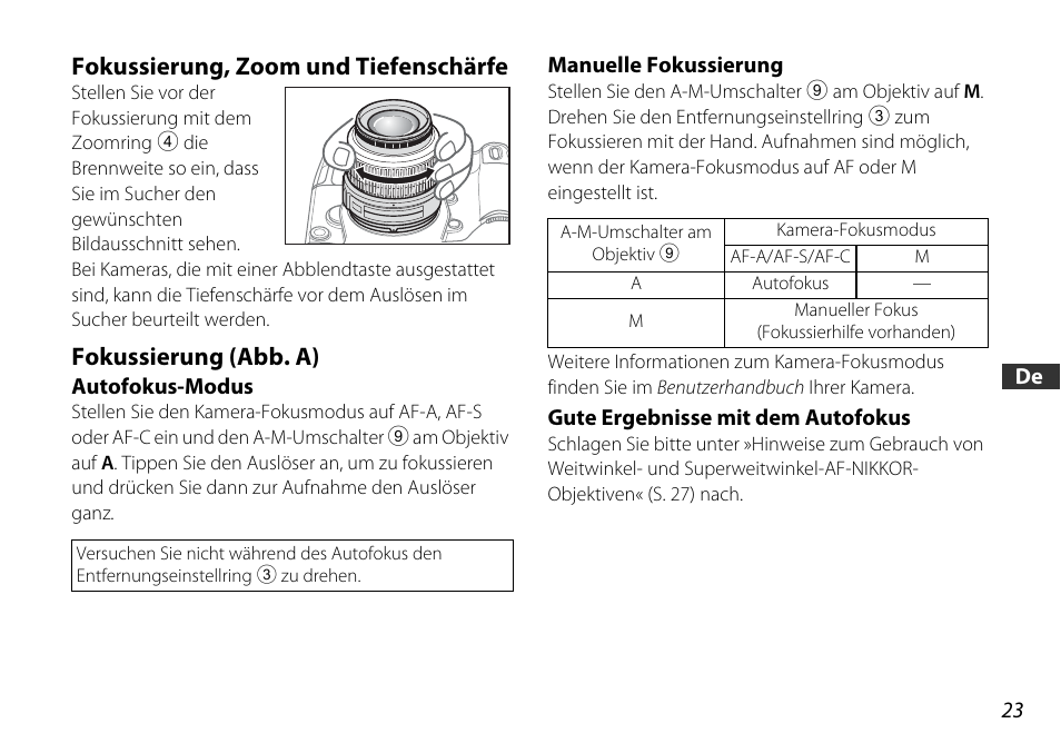 Fokussierung, zoom und tiefenschärfe, Fokussierung (abb. a), Autofokus-modus | Manuelle fokussierung, Gute ergebnisse mit dem autofokus, Ring (s. 23), S. 23 | Nikon 18-55mm-f-35-56G-AF-S-DX-VR-Zoom-Nikko User Manual | Page 23 / 108